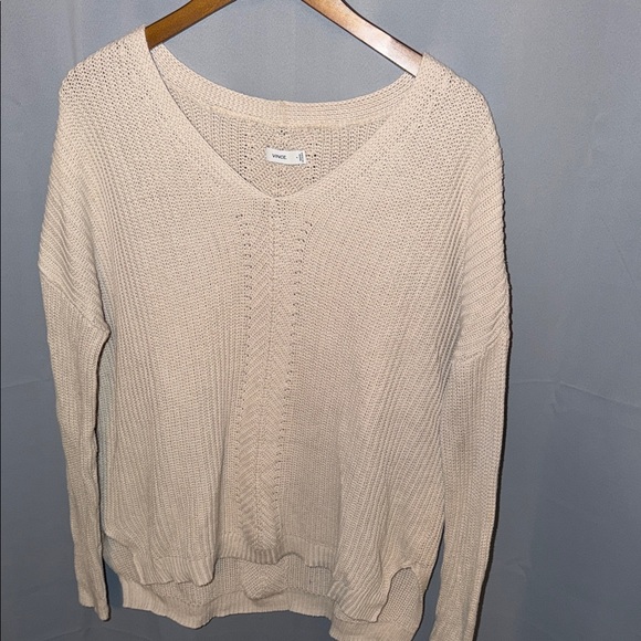 Vince Women's V-Neck Cream Cotton Knitted fairy indie western Over-sized Sweater - Picture 1 of 7